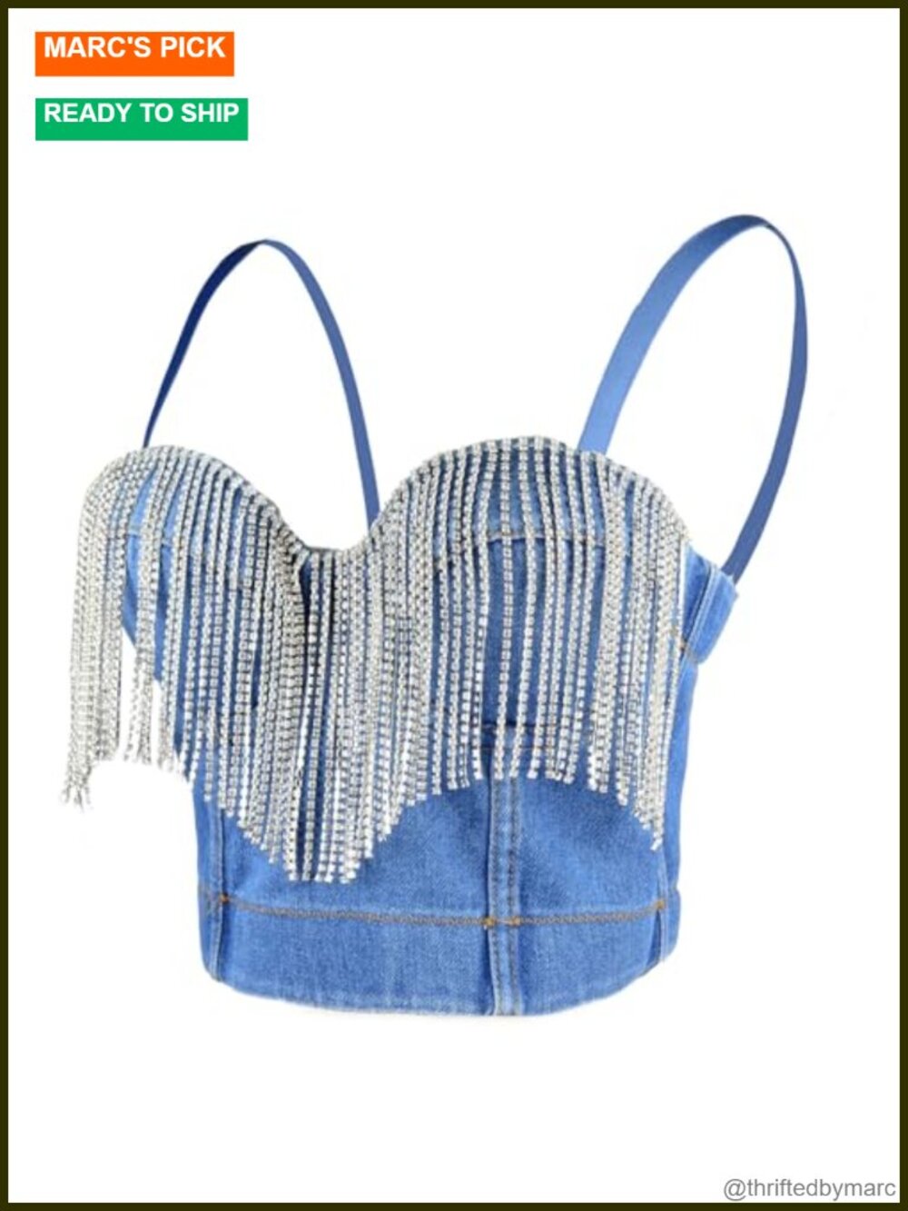 Tassel Rhinestone Denim Bustier Crop Top Jean Corset Bra